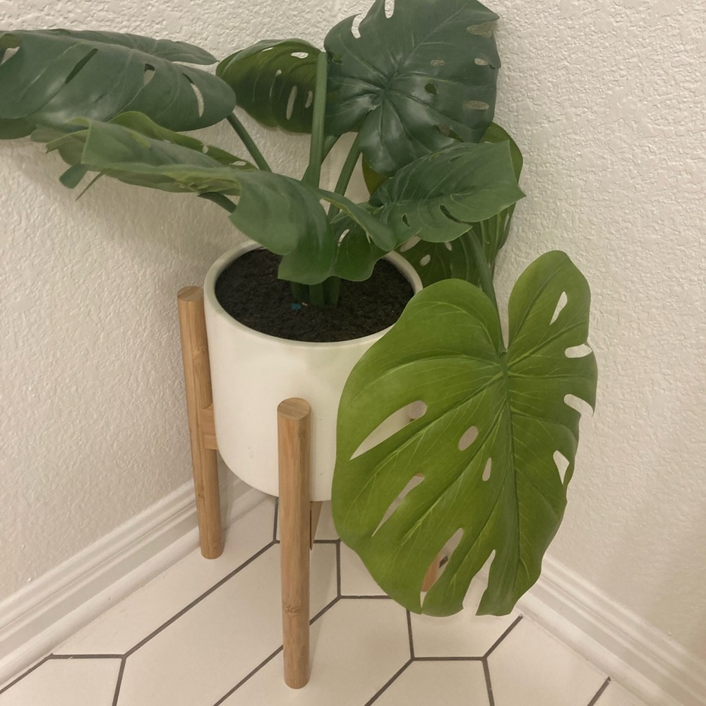 Artificial Tropical Faux Monestera Plant Pot & Bamboo Holder Set Modern Decor